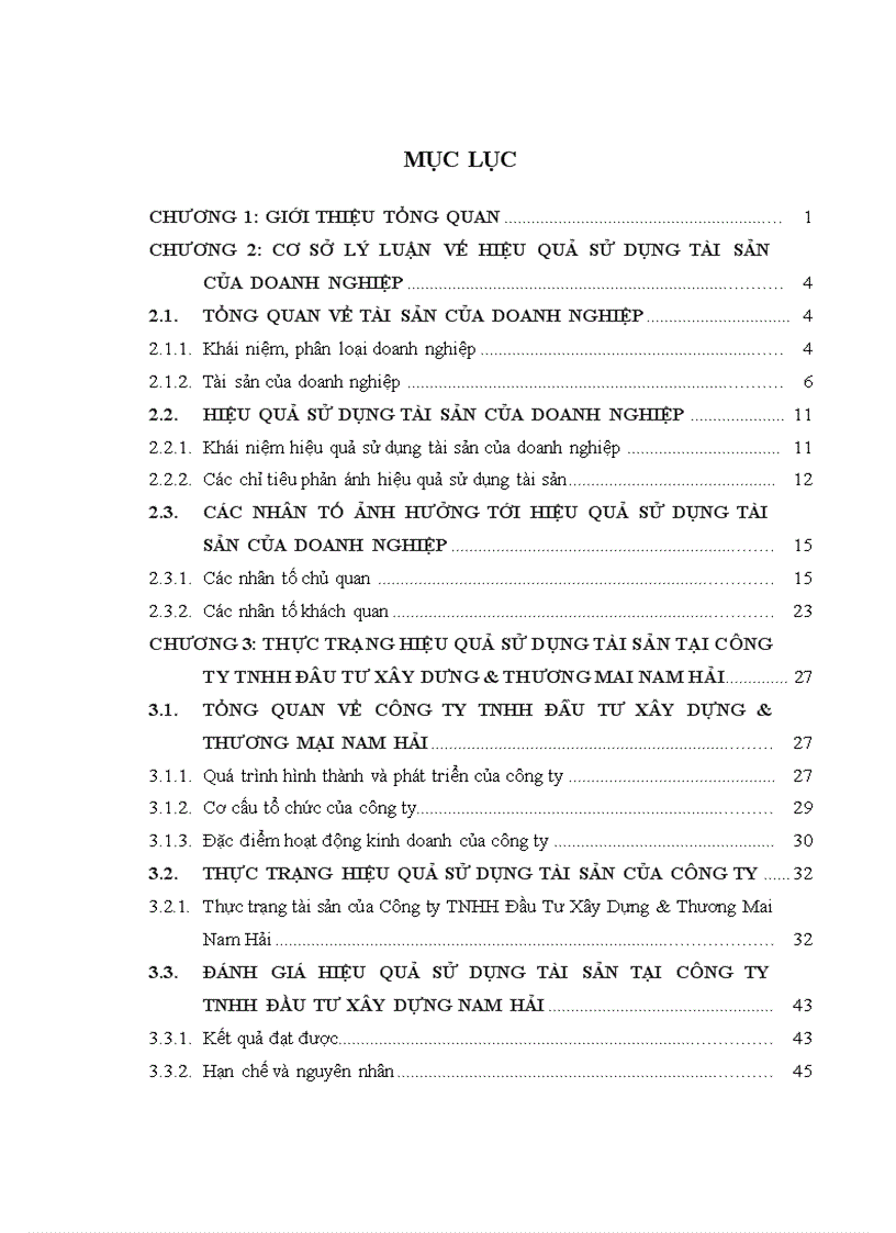 Nâng cao hiệu quả sử dụng tài sản tại công ty TNHH Đầu Tư Xây Dựng và Thương Mại Nam Hải