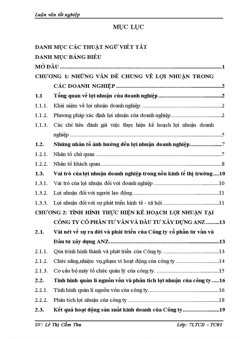 Một số giải pháp nhằm nâng cao lợi nhuận tại công ty Cổ phần Tư Vấn và Đầu Tư Xây Dựng ANZ