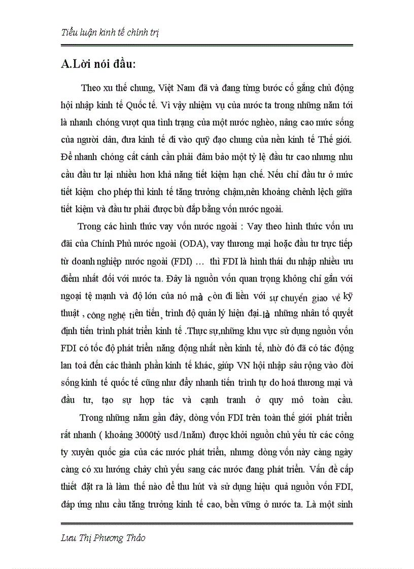 Vai trò của thành phần kinh tế có vốn đầu tư trực tiếp nước ngoài, thực trạng và giải pháp trong thu hút và sử dụng vốn đầu tư trực tiếp nước ngoài (Foreign Direct Investment – FDI )