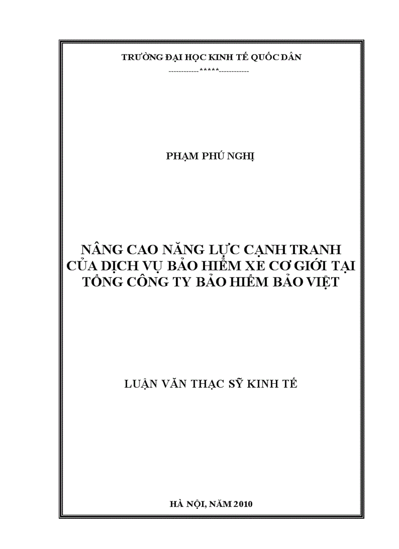 Nâng cao năng lực cạnh tranh của dịch vụ bảo hiểm xe cơ giới tại Tổng Công ty Bảo Hiểm Bảo Việt