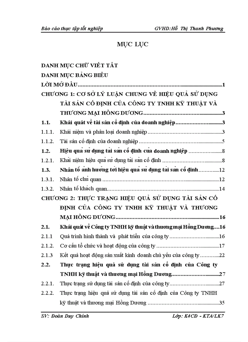 Thực trạng hiệu quả sử dụng TSCĐ tại công ty TNHH kỹ thuật và thương mại Hồng Dương.