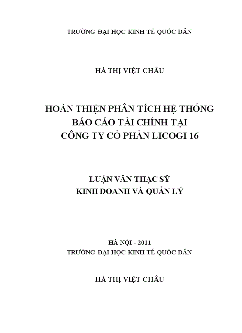 Hoàn thiện phân tích hệ thống báo cáo tài chính tại công ty cổ phần LICOGI 16