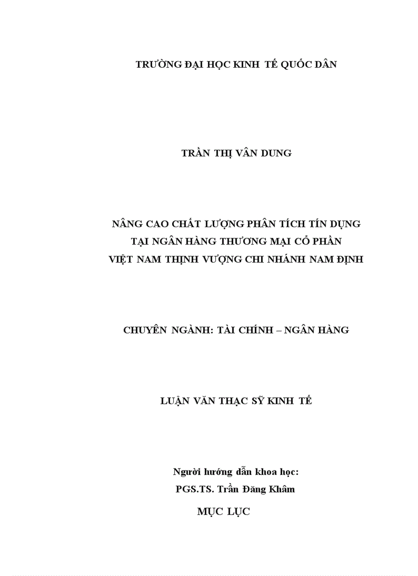 Nâng cao chất lượng phân tích tín dụng tại ngân hàng thương mại cổ phần Việt Nam thịnh vượng chi nhánh Nam Định