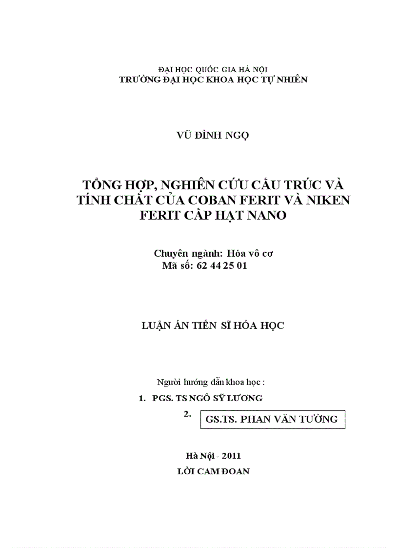Tổng hợp, nghiên cứu cấu trúc và tính chất của coban ferit và niken ferit cấp hạt nano
