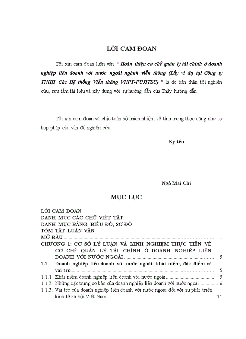Hoàn thiện cơ chế quản lý tài chính ở doanh nghiệp liên doanh với nước ngoài ngành viễn thông (Lấy ví dụ tại Công ty TNHH Các Hệ thống Viễn thông VNPT-FUJITSU)