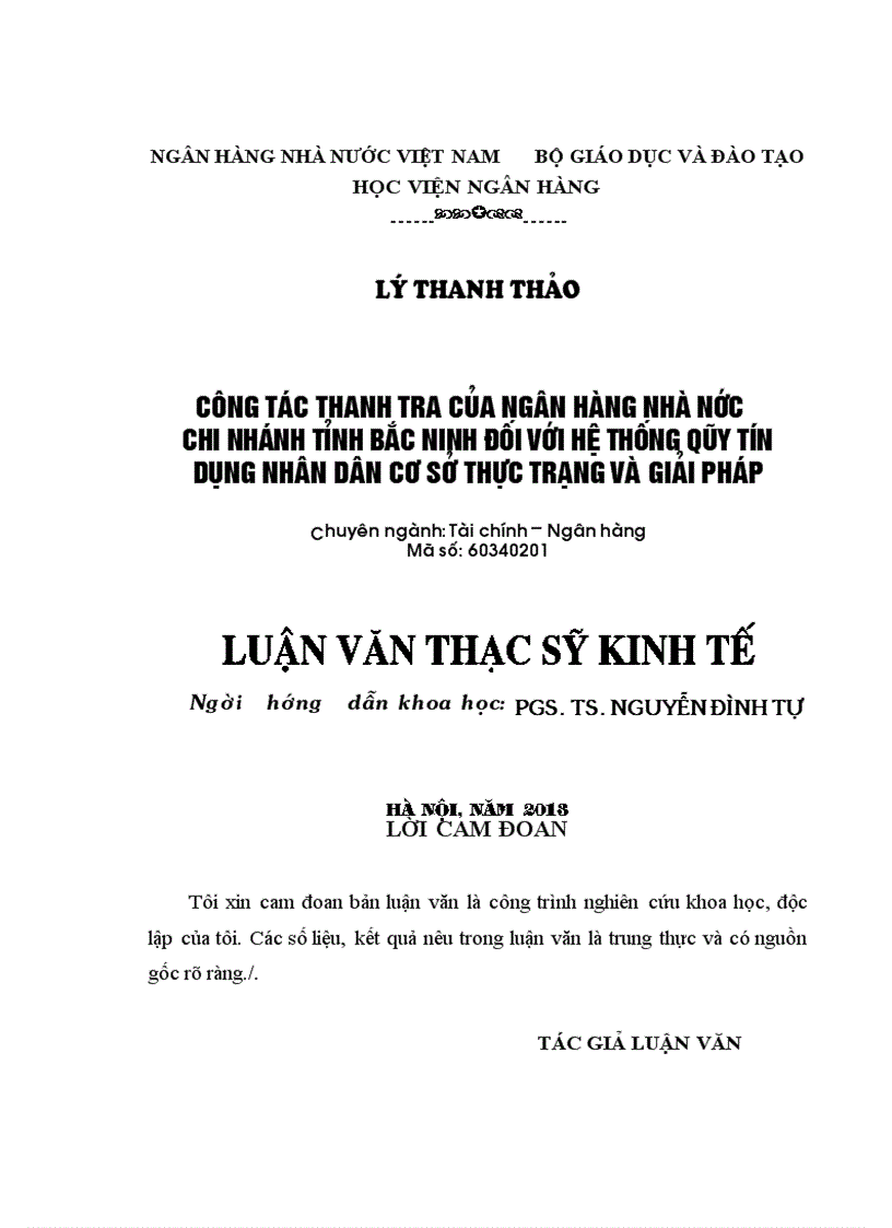 Công tác thanh tra của Ngân hàng Nhà nước chi nhánh tỉnh Bắc Ninh đối với hệ thống Quỹ tín dụng nhân dân cơ sở trên địa bàn, thực trạng và giải pháp