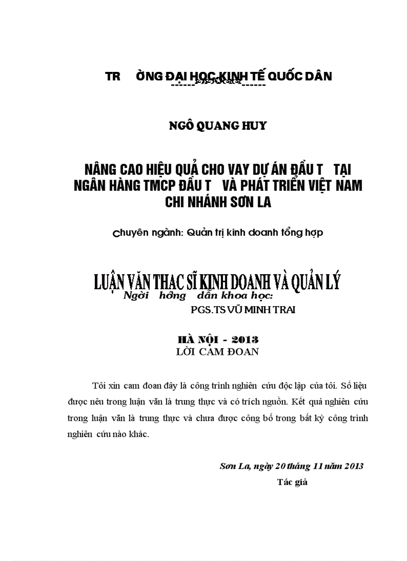 Nâng cao hiệu quả cho vay dự án đầu tư tại Ngân hàng TMCP Đầu tư và Phát triển Việt nam – Chi nhánh Sơn La