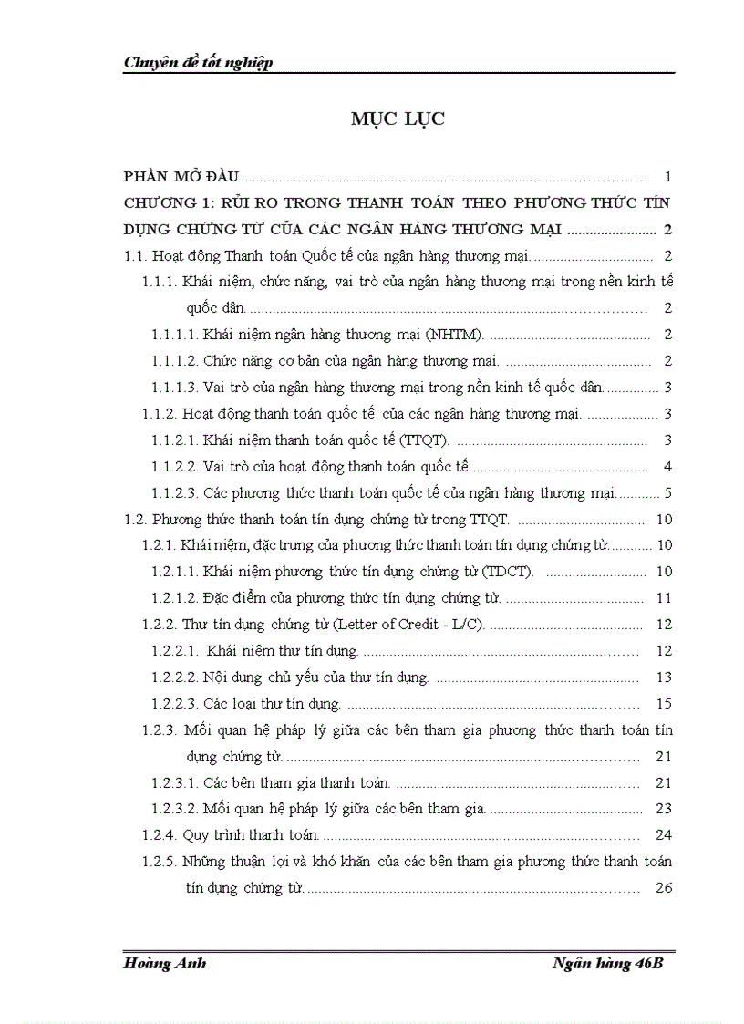 THỰC TRẠNG RỦI RO TRONG THANH TOÁN THEO PHƯƠNG THỨC TÍN DỤNG CHỨNG TỪ  TẠI CHI NHÁNH NHNO & PTNT NAM HÀ NỘI