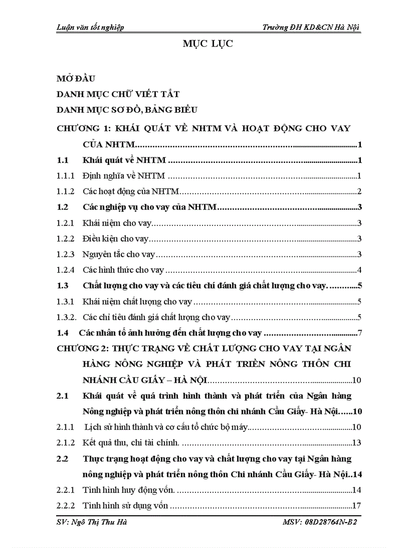 Một số biện pháp nâng cao chất lượng cho vay tại Ngân hàng Nông nghiệp và phát triển nông thôn chi nhánh Cầu Giấy Hà Nội