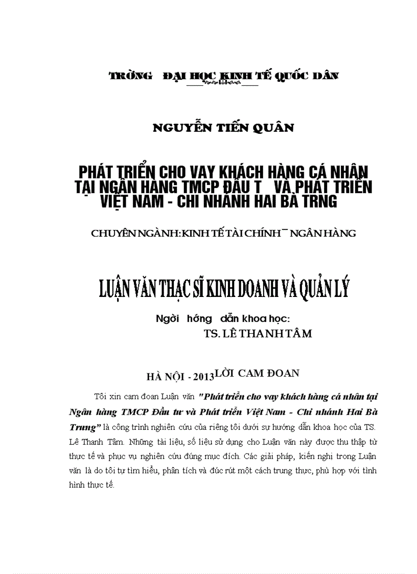 Phát triển cho vay tại Ngân hàng TMCP Đầu tư và Phát triển Việt Nam - Chi nhánh Hai Bà Trưng