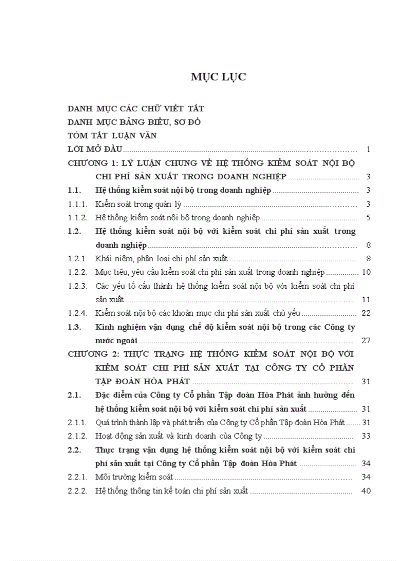 Hoàn thiện hệ thống kiểm soát nội bộ với việc tăng cường kiểm soát chi phí sản xuất tại Công ty Cổ phần Tập đoàn Hòa Phát