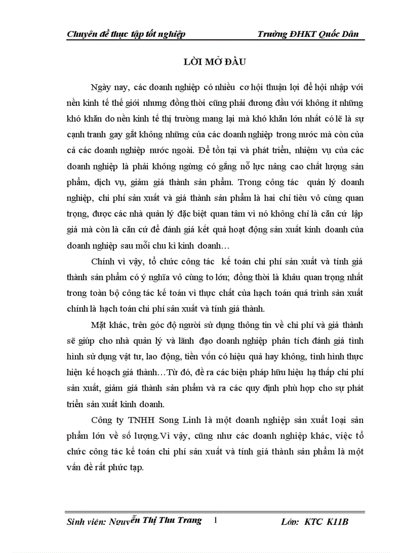 Hoàn thiện kế toán tập hợp chi phí sản xuất và tính giá thành sản phẩm tại công ty TNHH Song Linh