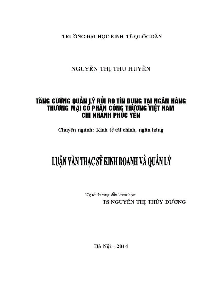 Tăng cường quản lý rủi ro tín dụng tại Ngân hàng thương mại cổ phần Công thương Việt Nam – Chi nhánh Phúc Yên