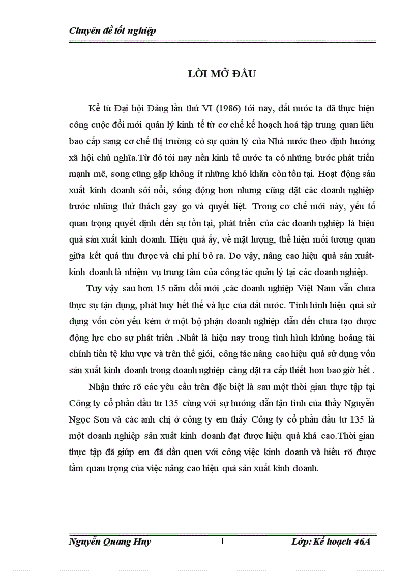 Một số giải pháp góp phần nâng cao hiệu quả sản xuất kinh doanh cho Công ty cổ phần đầu tư 135