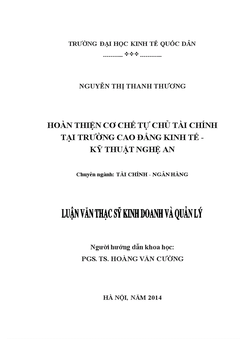 Hoàn thiện cơ chế tự chủ tài chính tại Trường Cao đẳng Kinh tế - Kỹ thuật Nghệ An