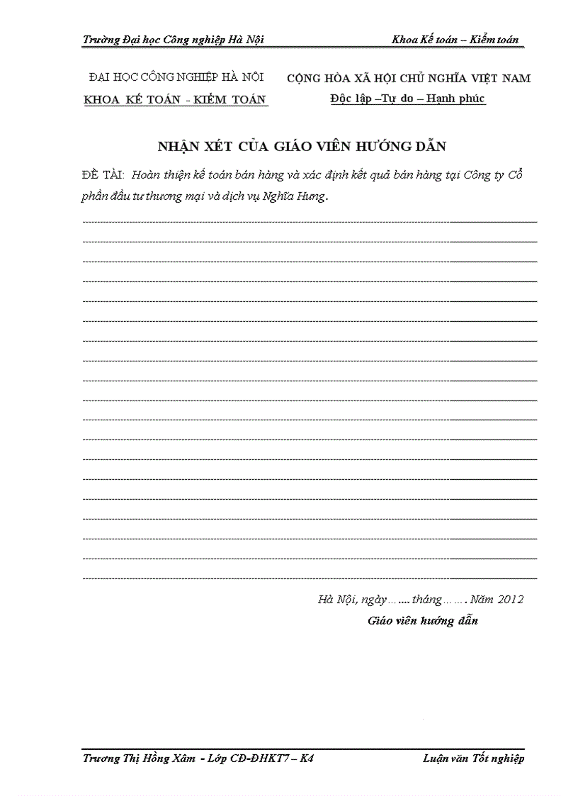 Hoàn thiện kế toán bán hàng và xác định kết quả bán hàng tại Công Ty Cổ phần đầu tư thương mại và  dịch vụ Nghĩa Hưng