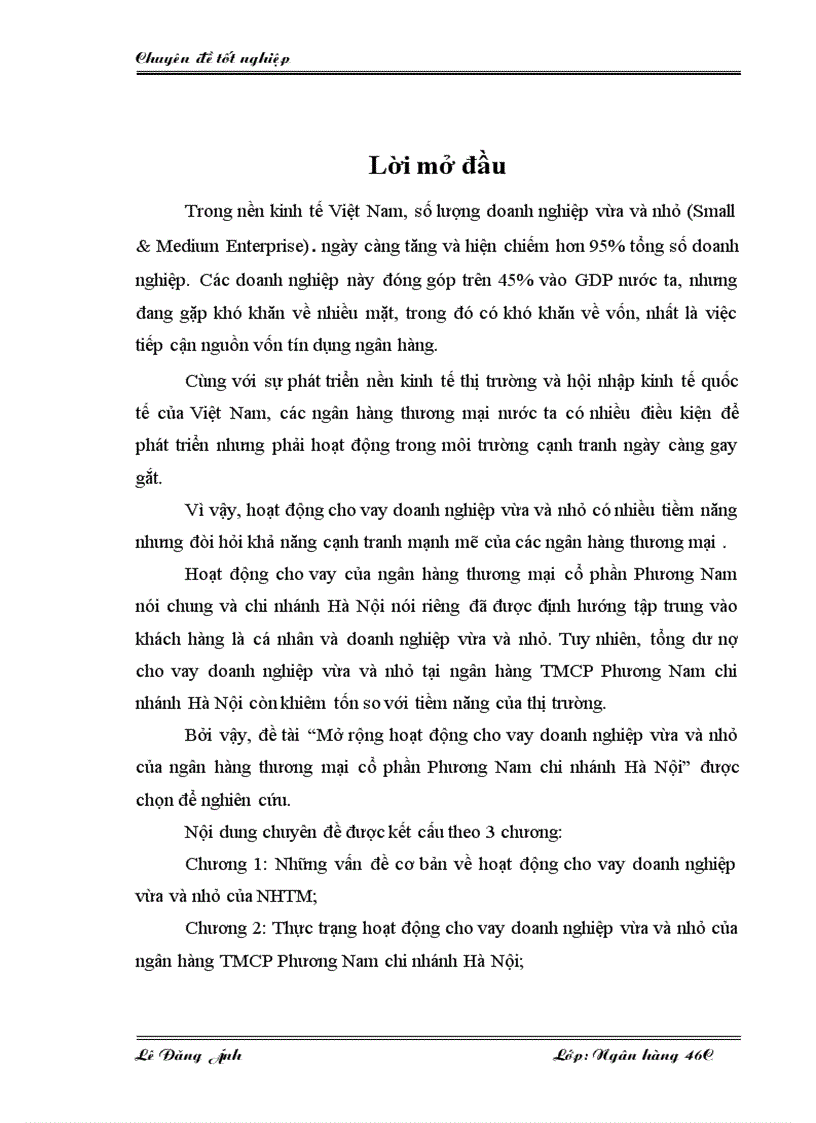Mở rộng hoạt động cho vay doanh nghiệp vừa và nhỏ của ngân hàng thương mại cổ phần Phương Nam chi nhánh Hà Nội