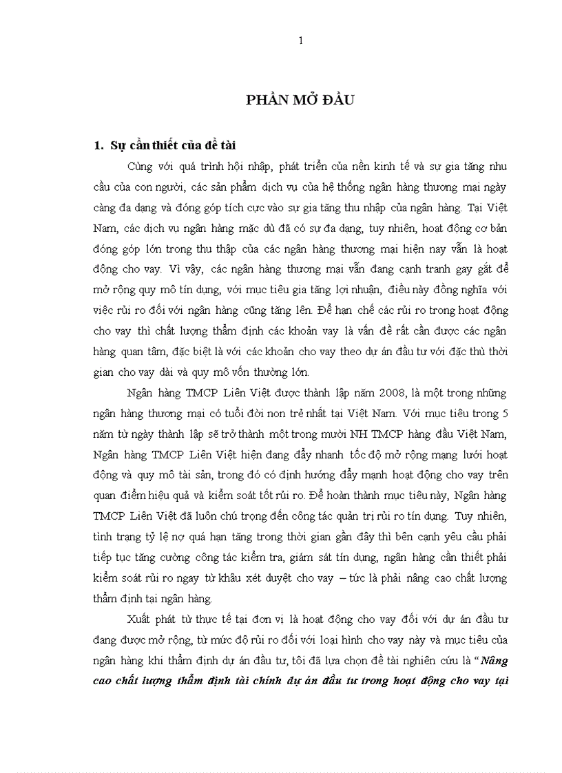 Nâng cao chất lượng thẩm định tài chính dự án đầu tư trong hoạt động cho vay tại Ngân hàng TMCP Liên Việt