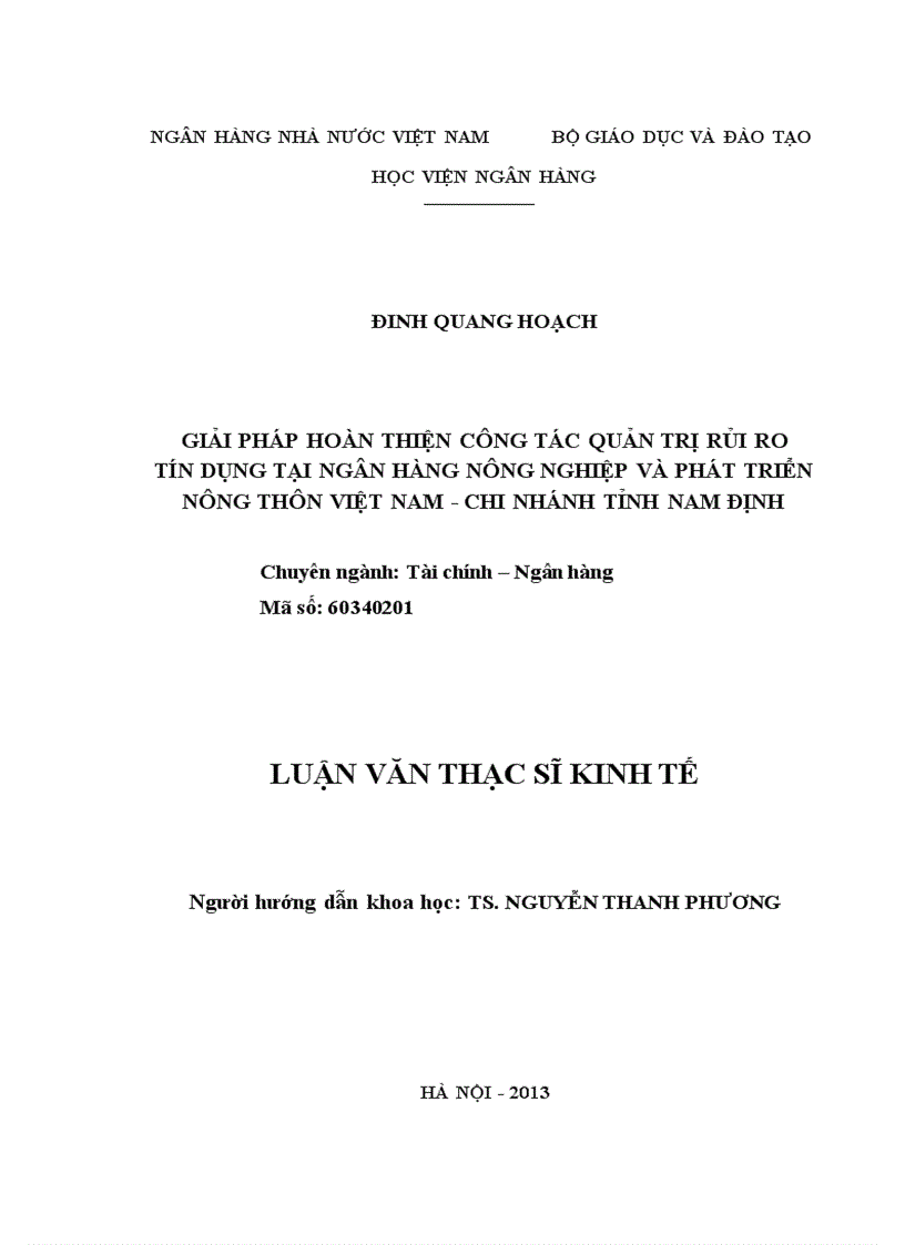 Giải pháp hoàn thiện công tác quản trị rủi ro tín dụng tại NHNo&PTNT Việt Nam- Chi nhánh tỉnh Nam Định