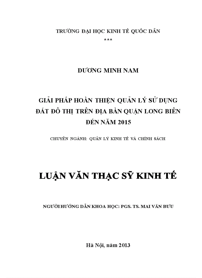 Giải pháp hoàn thiện quản lý sử dụng đất đô thị trên địa bàn quận Long Biên đến năm  2015