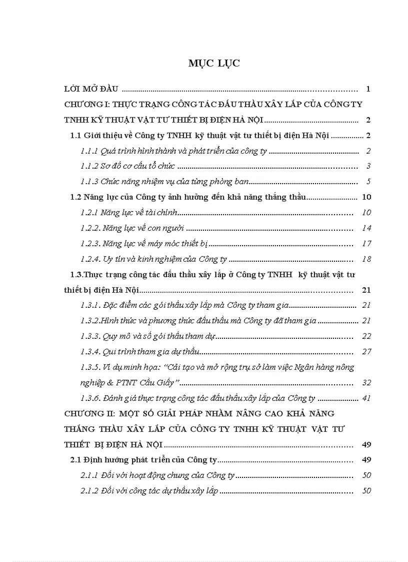 Giải pháp nâng cao khả năng thắng thầu xây lắp của Công ty TNHH Kỹ thuật vật tư thiết bị điện Hà Nội