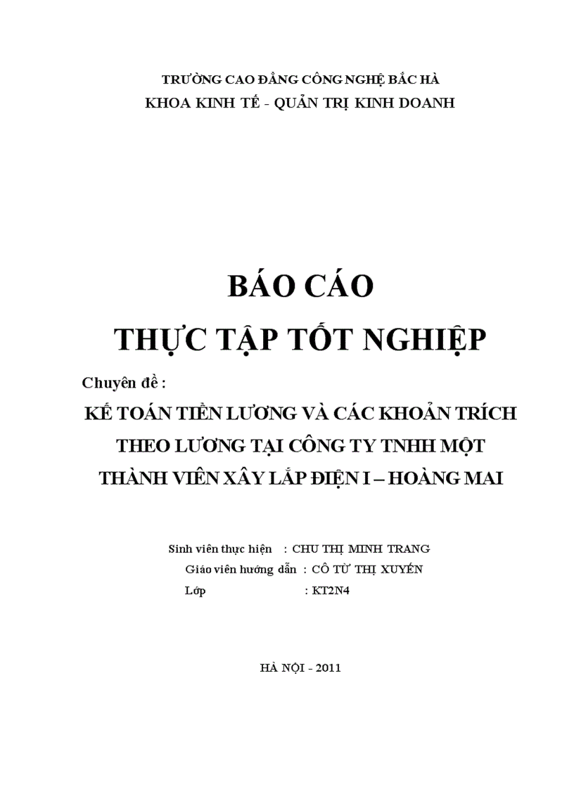 Tiền lương và các khoản trích theo lương”.tại Công ty TNHH Một thành viên Xây lắp điện I – Hoàng Mai