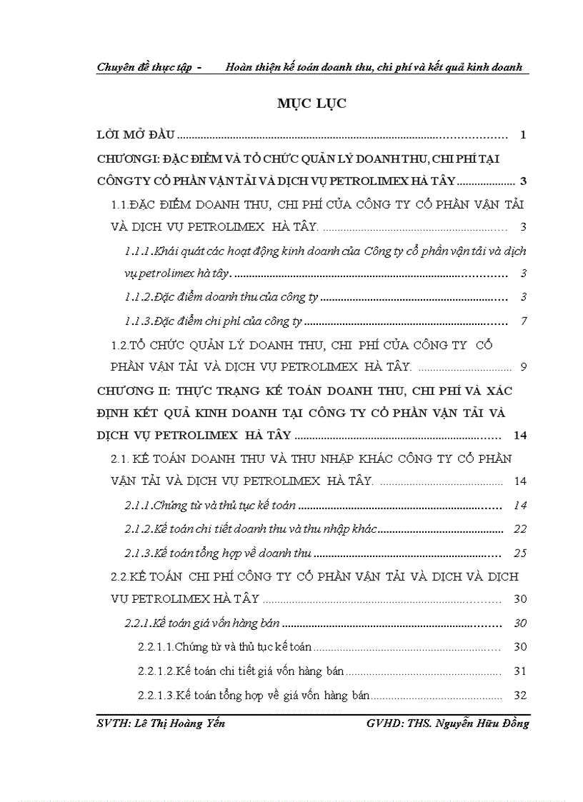 Hoàn thiện kế toán doanh thu, chi phí và xác định kết quả kinh doanh  ở Công ty cổ phần vận tải và dịch vụ petrolimex Hà Tây