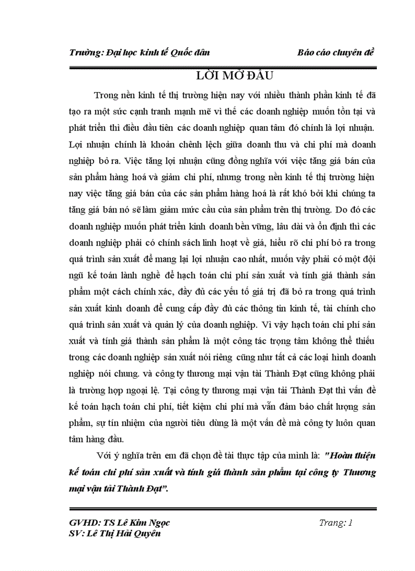 Hoàn thiện kế toán chi phí sản xuất và tính giá thành sản phẩm tại công ty Thương mại vận tải Thành Đạt