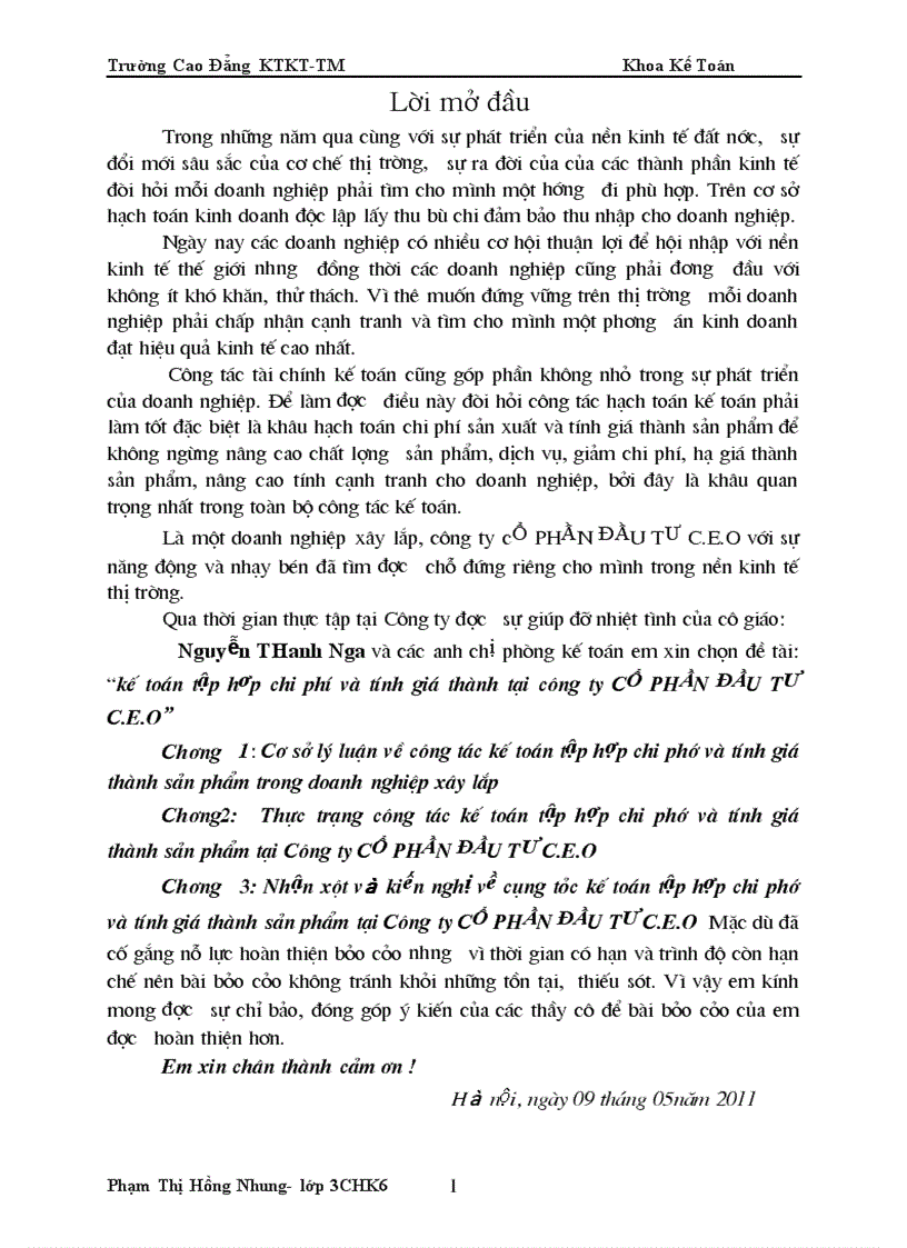 Kế toán tập hop chi phí và tính giá thành tại công ty cổ phần đầu tư C.E.O