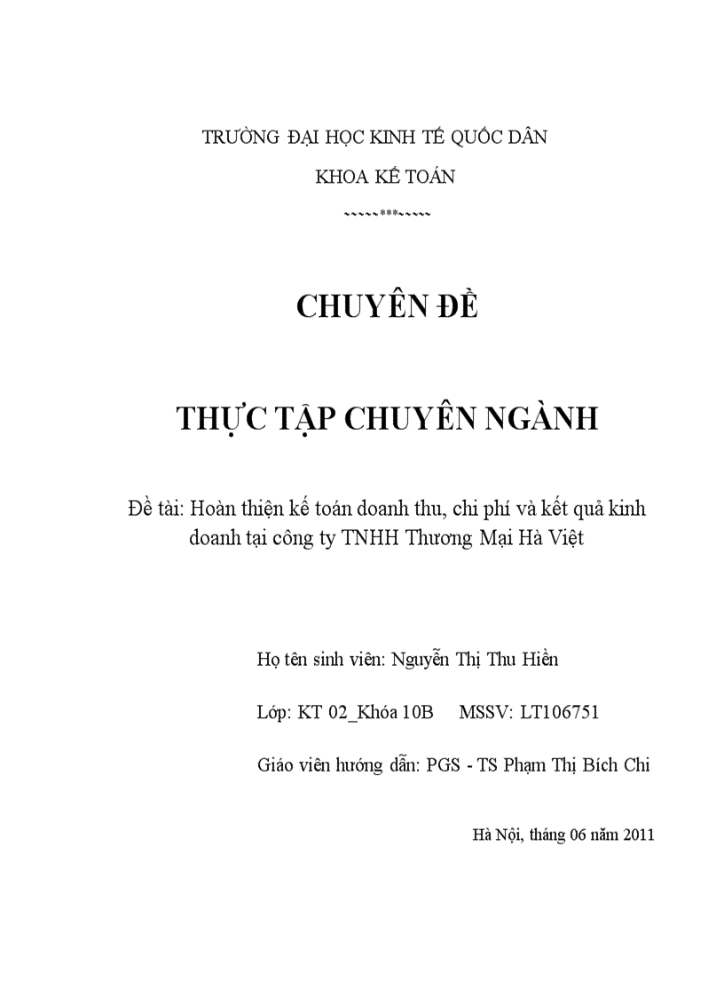 Hoàn thiện kế toán doanh thu, chi phí và kết quả kinh doanh tại công ty TNHH Thương Mại Hà Việt