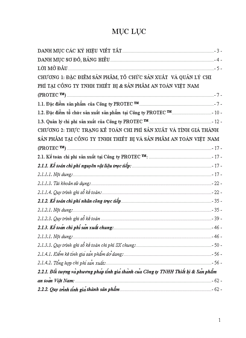 Kế toán chi phí sản xuất và tính giá thành sản phẩm tại Công ty TNHH thiết bị và sản phẩm an toàn Việt Nam (PROTECTM)