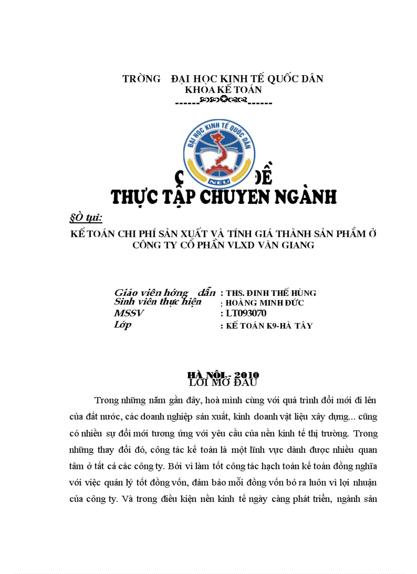 Kế toán chi phí sản xuất và tính giá thành sản phẩm ở Công ty Cổ phần VLXD Văn Giang