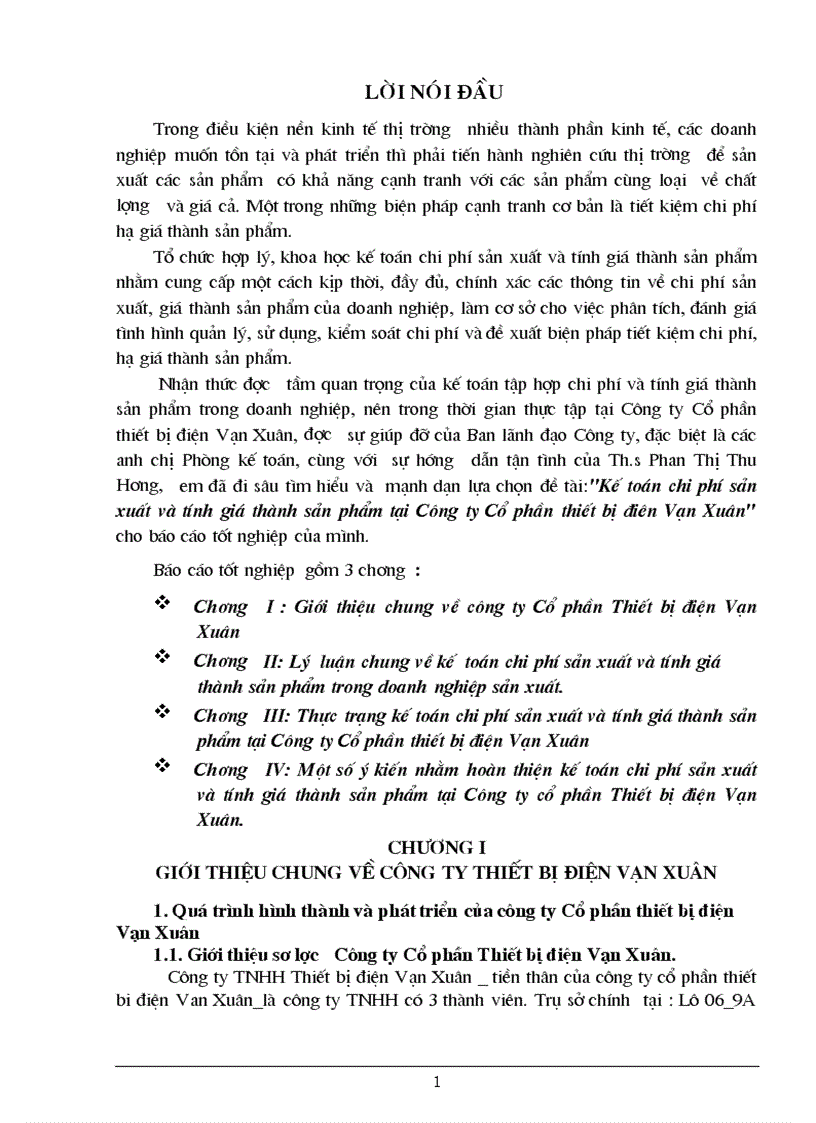 Kế toán chi phí sản xuất và tính giá thành sản phẩm tại Công ty Cổ phần thiết bị điên Vạn Xuân