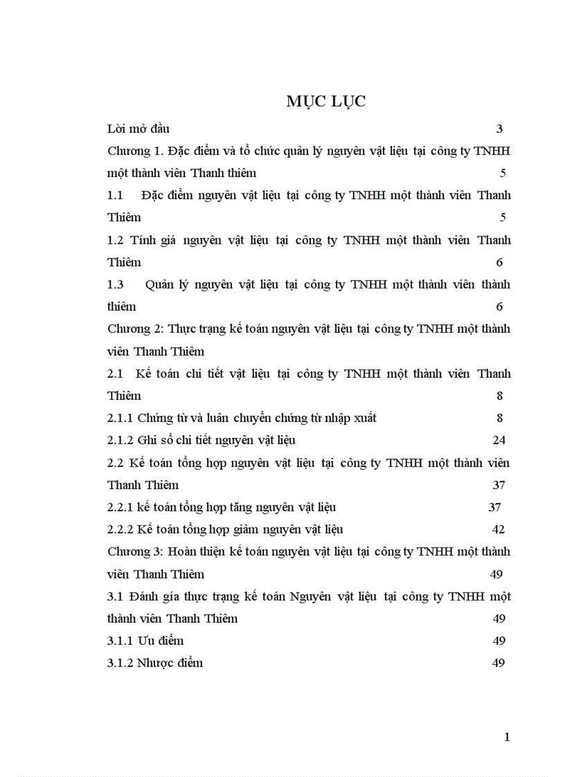 Hoàn thiện kế toán nguyên vật liệu công ty TNHH  một thành viên Thanh Thiêm