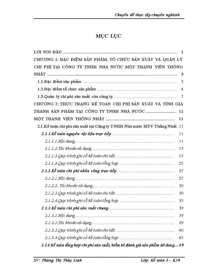 Kế toán chi phí sản xuất và tính giá thành sản phẩm tại Công ty TNHH Nhà nước MTV Thống Nhất
