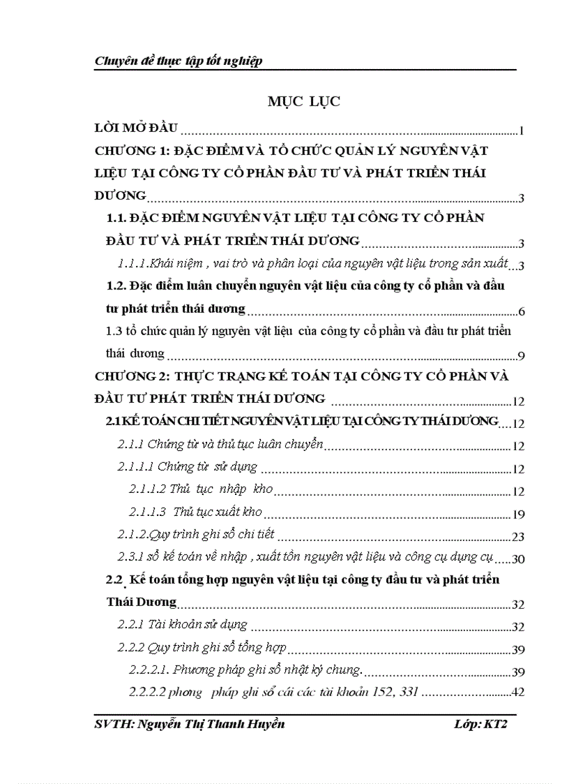 Hoàn thiện kế toán nguyên vật liệu tại công ty cổ phần đầu tư và phát triển Thái Dương "