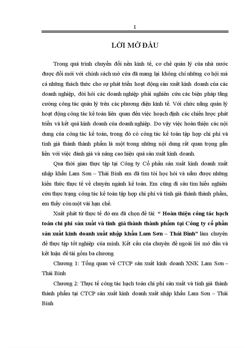 Hoàn thiện công tác hạch toán chi phí sản xuất và tính giá thành thành phẩm tại Công ty cổ phần sản xuất kinh doanh xuất nhập khẩu Lam Sơn – Thái Bình