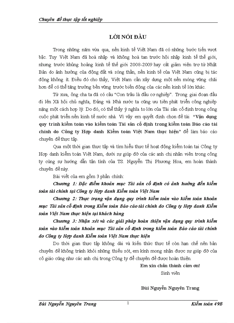 Vận dụng quy trình kiểm toán vào kiểm toán Tài sản cố định trong kiểm toán Báo cáo tài chính do Công ty Hợp danh Kiểm toán Việt Nam thực hiện
