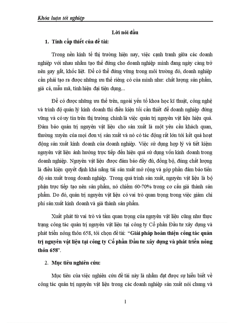 Giải pháp hoàn thiện công tác quản trị nguyên vật liệu tại công ty Cổ phần Đầu tư xây dựng và phát triển nông thôn 658