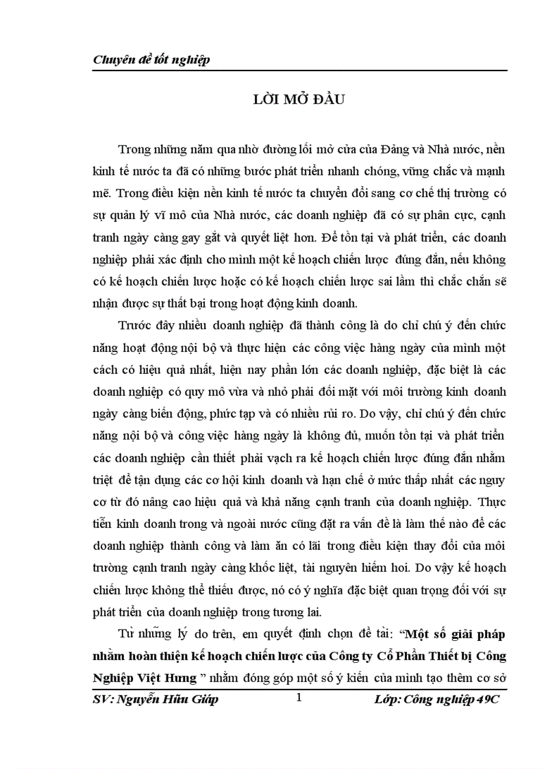 Một số giải pháp nhằm hoàn thiện kế hoạch chiến lược của Công ty Cổ Phần Thiết bị Công Nghiệp Việt Hưng