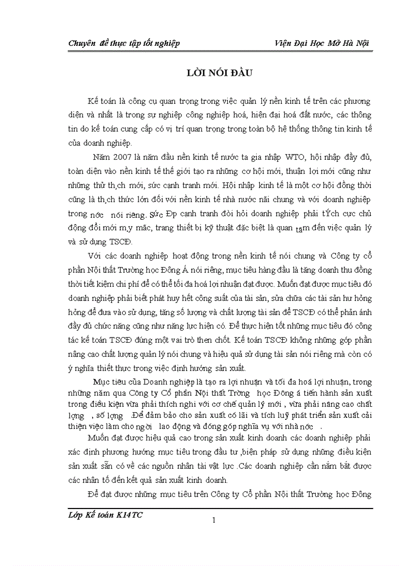 Kế to¸n TSCĐ HH trong C«ng ty Cæ phÇn Néi thÊt Tr­êng häc §«ng á