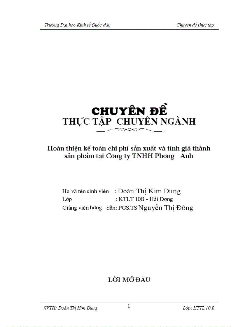 Hoàn thiện kế toán chi phí sản xuất và tính giá thành sản phẩm tại Công ty TNHH Phương Anh