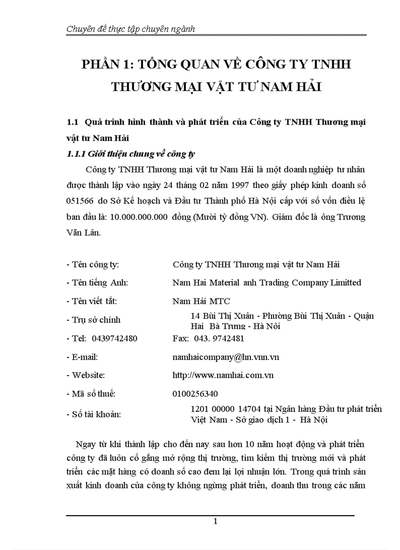 Hạch toán tiêu thụ và xác định kết quả kinh doanh tại công ty tnhh thương mại vật tư nam hải