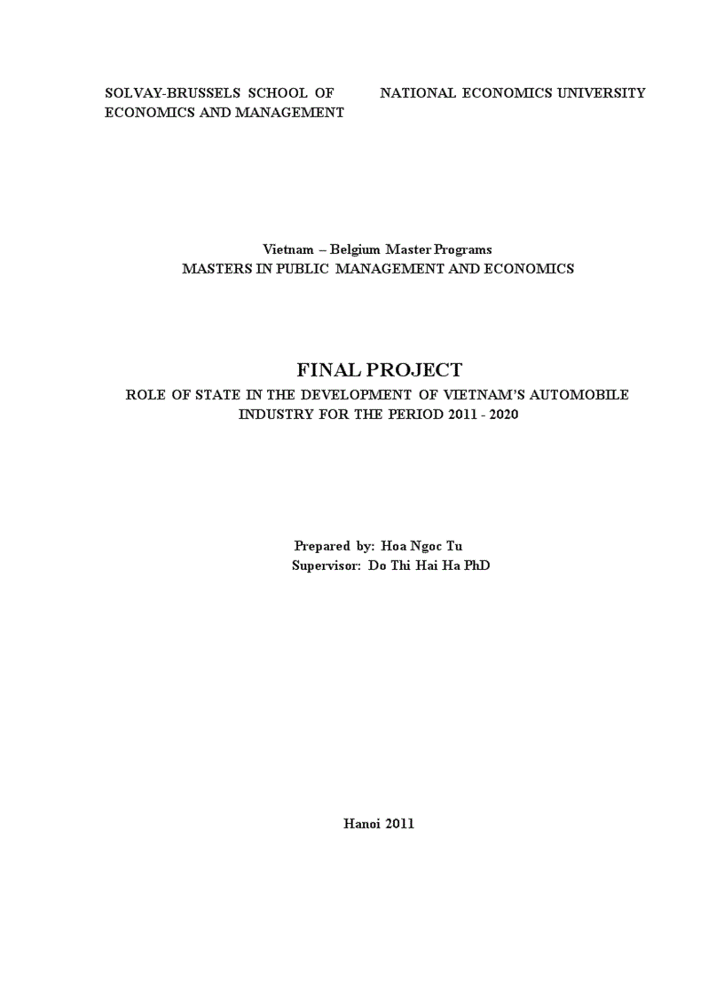 ROLE OF STATE IN THE DEVELOPMENT OF VIETNAM’S AUTOMOBILE INDUSTRY FOR THE PERIOD 2011 - 2020