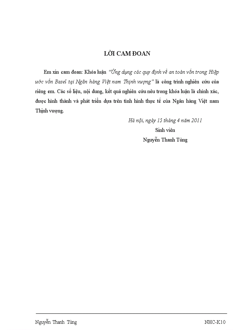 Ứng dụng các quy định về an toàn vốn trong Hiệp ước vốn Basel tại Ngân hàng Việt nam Thịnh vượng