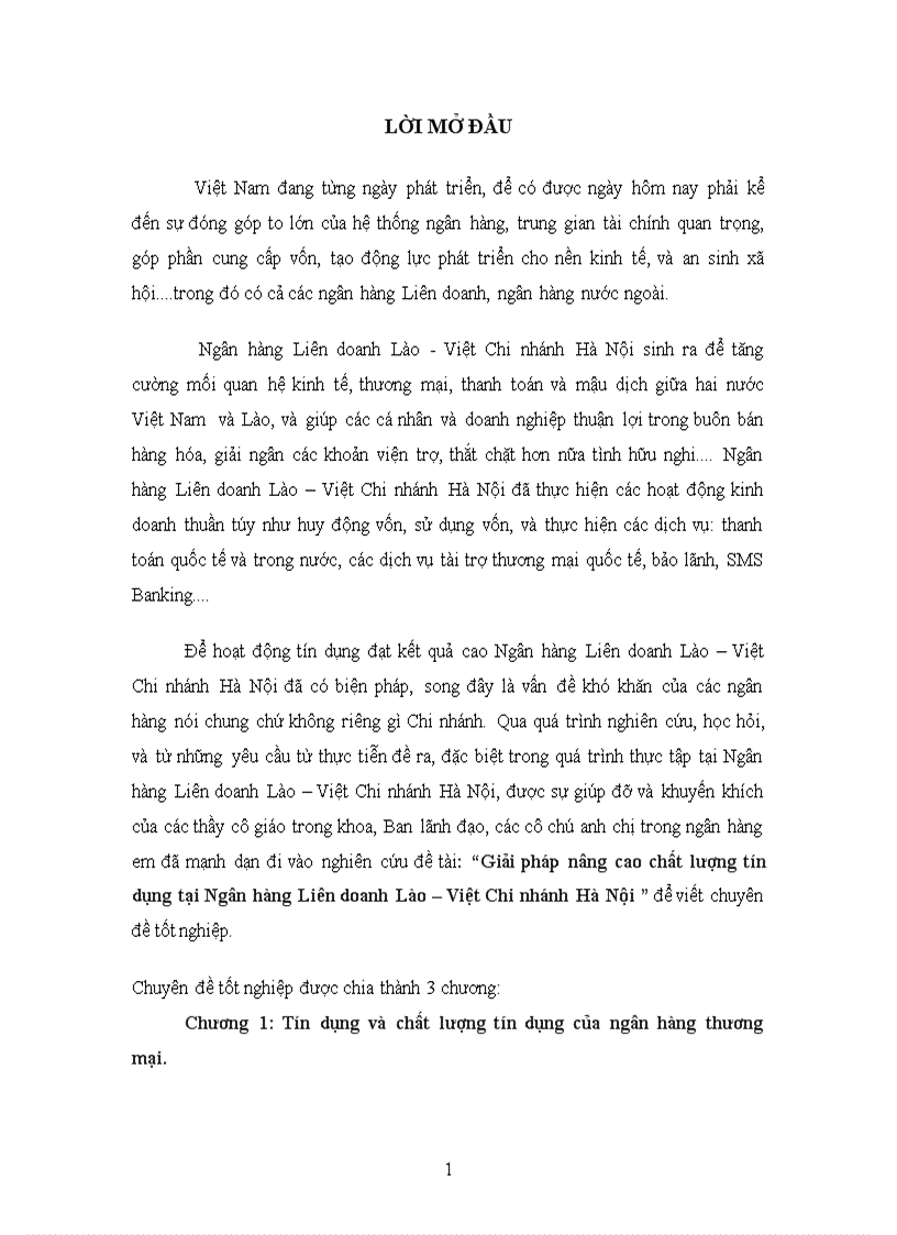 Giải pháp nâng cao chất lượng tín dụng tại Ngân hàng Liên doanh Lào – Việt Chi nhánh Hà Nội