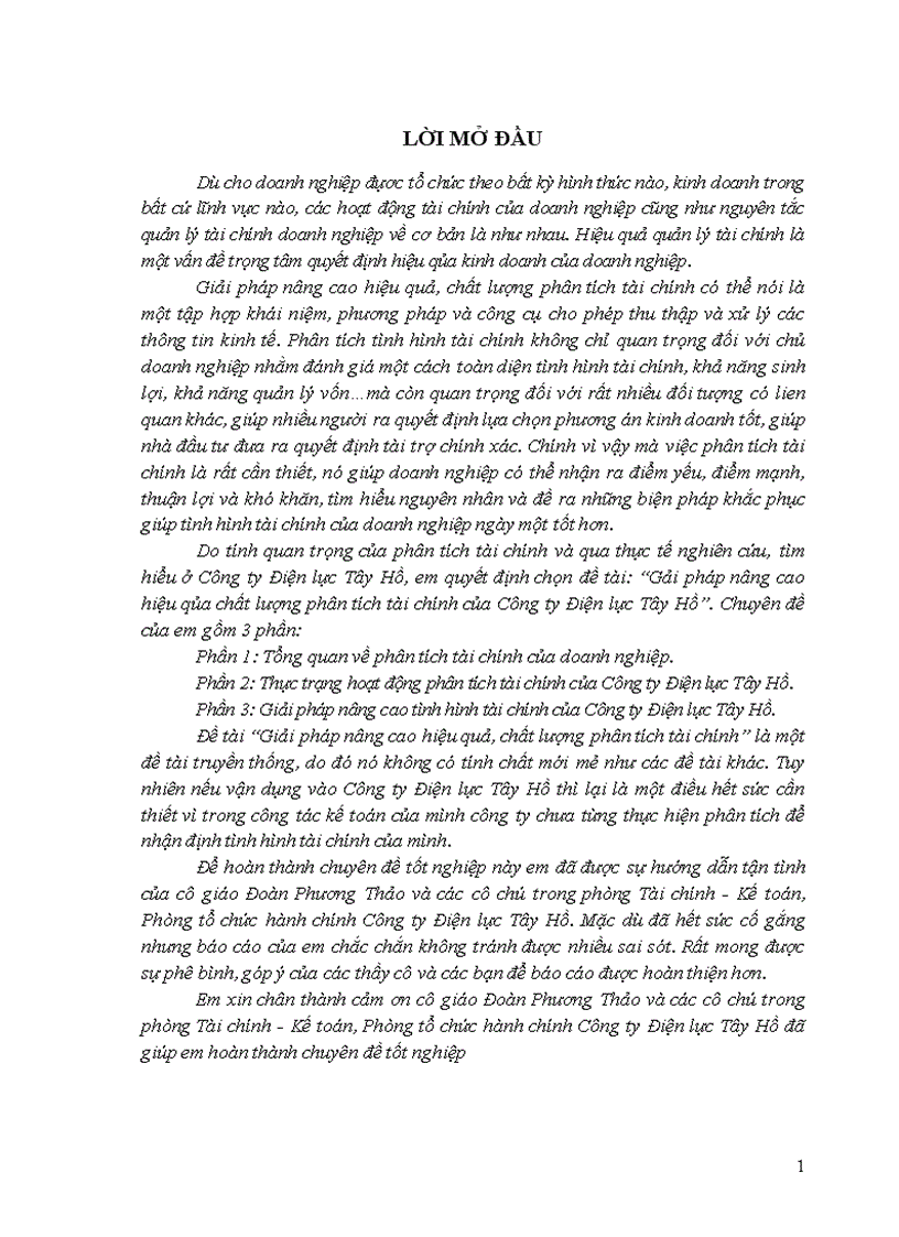 Thực trạng hoạt động phân tích tài chính của công ty điện lực tây hồ