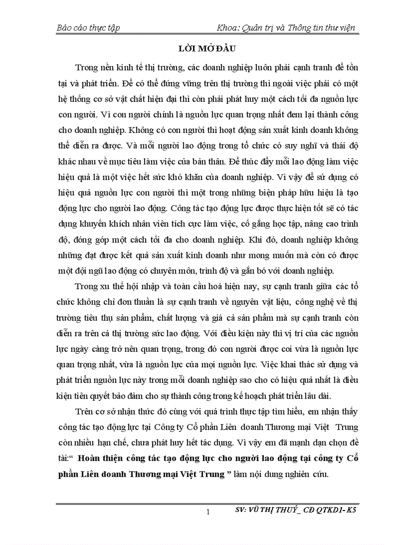 Hoàn thiện công tác tạo động lực cho người lao động tại công ty Cổ phần Liên doanh Thương mại Việt Trung