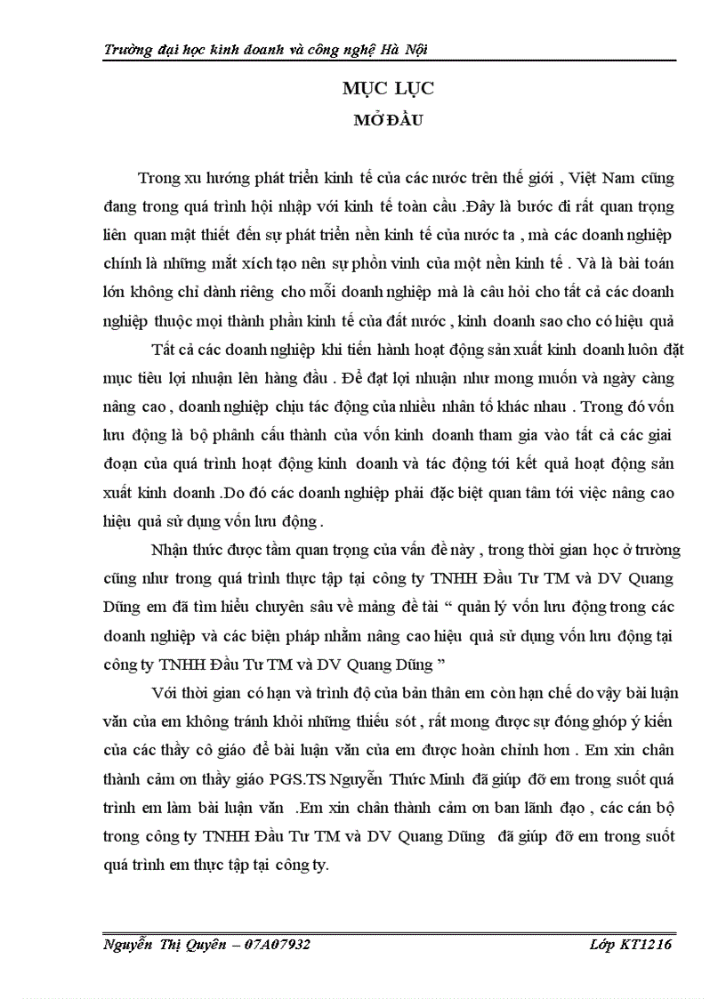 Quản lý vốn lưu động trong các doanh nghiệp và các biện pháp nhằm nâng cao hiệu quả sử dụng vốn lưu động tại công ty TNHH Đầu Tư TM và DV Quang Dũng