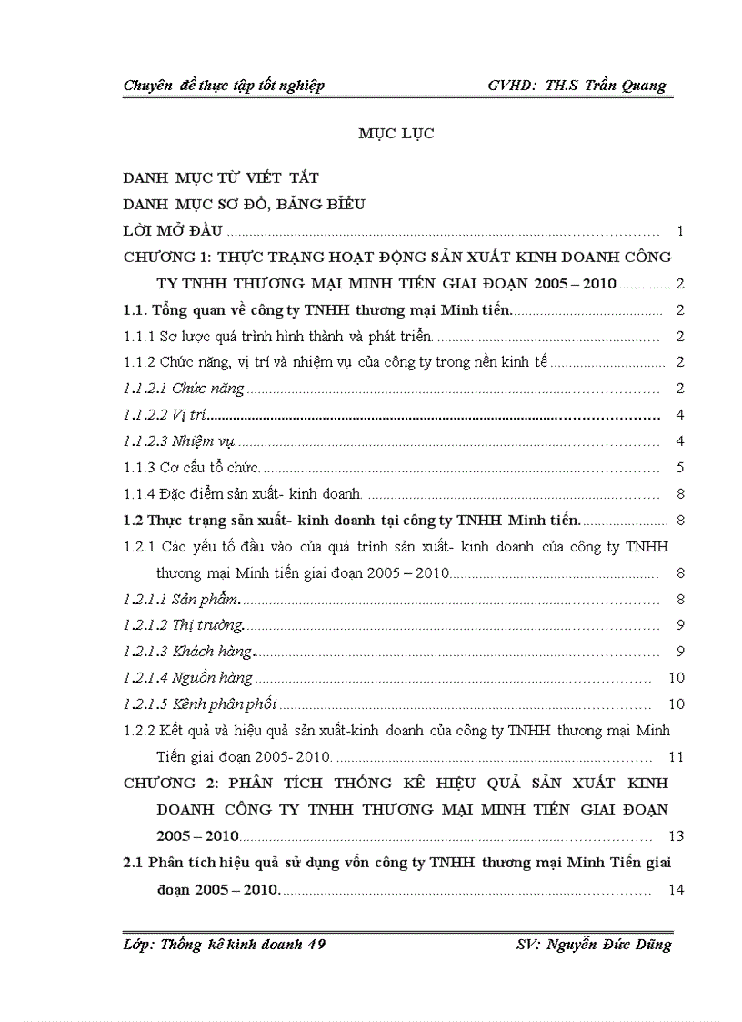 Phân tích thống kê hiệu quả sản xuất kinh doanh công ty trách nhiệm hữu hạn thương mại Minh Tiến giai đoạn 2005 – 2010